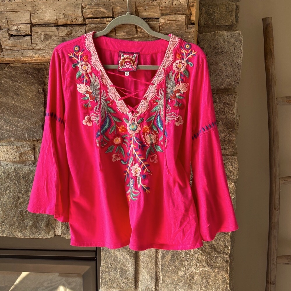 Johnny Was Pink Embroidered Blouse